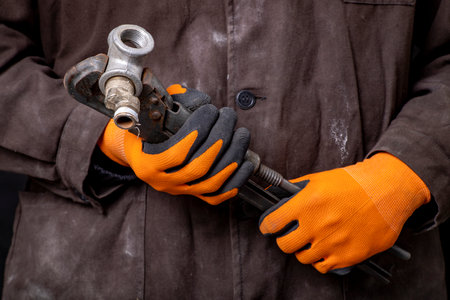 Plumber holding a wrench and pipes in his hands. Work in a mechanical workshop. Dark background.の写真素材