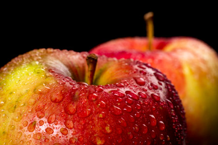 Tasty ripe wet apples. Apple tree fruit used as a dessert in the kitchen. Dark background.の写真素材