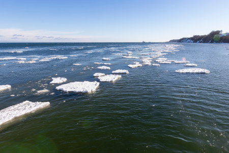 Floe floating on the sea. Frozen pieces of ice in the water. Winter season.のeditorial素材