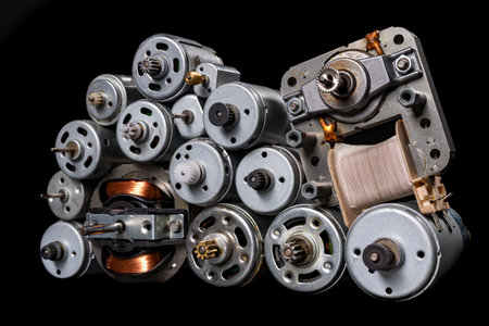 Small electric motors for driving domestic appliances. Electric devices stacked on a table. Dark background.の写真素材