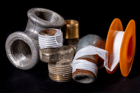 Plumbing fittings and accessories. Pipe connections with Teflon tape. Dark background.