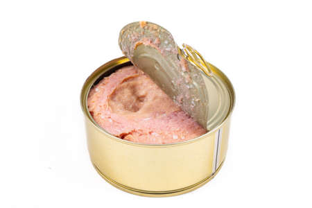 Open metal cans with preserved food. Food with a long shelf life. Light background.の写真素材