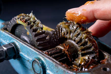 Coating steel gears with new grease. A mechanism for transmitting torque in a mechanical device. Dark background.の写真素材