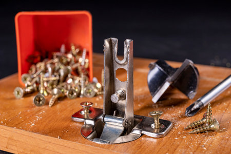 Installation of metal hinges to the chipboard. Carpentry work when assembling home furniture. Dark background.の写真素材