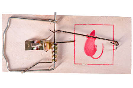 Wooden traditional mousetrap. Accessories for the disposal of small rodents. Isolated background.の写真素材