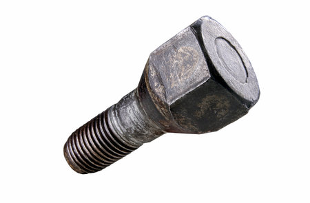 Old wheel bolt for truck. Truck chassis repair accessories. Isolated background.の写真素材