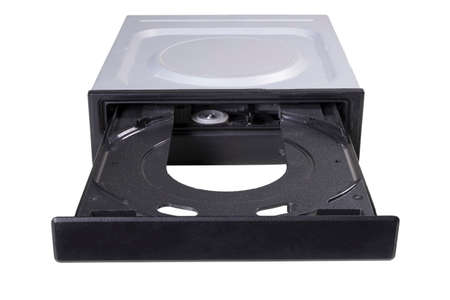 An empty CD reader tray is open. Computer accessories for recording and reading computer data. Isolated background.の写真素材