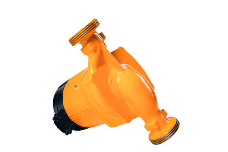 New water pump used in the central heating system of a single-family house. Hydraulic spare parts for water system repair. Isolated background.の写真素材