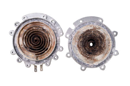 Water brewing unit in the coffee machine covered with limescale. Spare parts for the repair of the coffee brewing machine. Isolated background.の写真素材