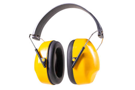 Hearing protection for mechanics and construction workers. Personal protective accessories used in factories. Isolated background.の写真素材