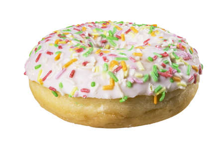 A tasty donut with frosting and colorful sprinkles. Dessert sold in cafes and pastry shops. Isolated background.の写真素材