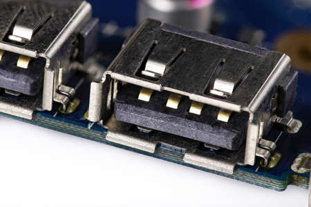 USB connectors on the motherboard of a personal computer. Accessories and spare parts for personal...