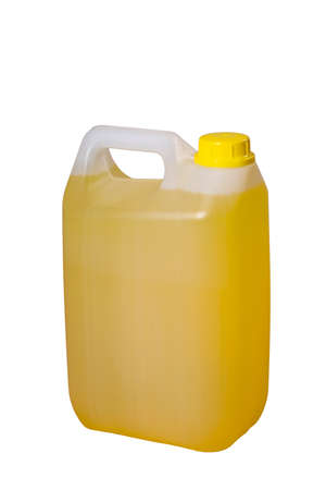 Plastic container with washing up liquid. A canister for transporting liquids in the household. Isolated background.の写真素材