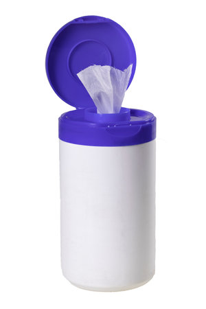 White wipes soaked in disinfectant. Household surface decontamination accessories. Isolated background.の写真素材
