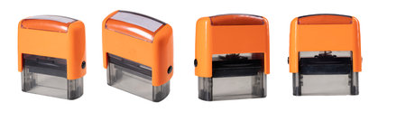 A plastic stamp for stamping letters and official prints. Accessories for people working in the office. Isolated background.の写真素材