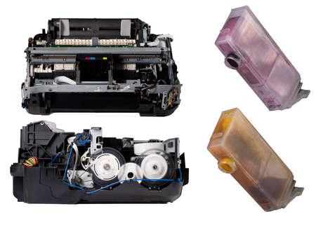 Inkjet printer without plastic housing. Printing device in repair. Isolated background.の写真素材