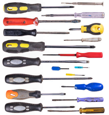 Various types and sizes of screwdrivers for attaching screws.の写真素材