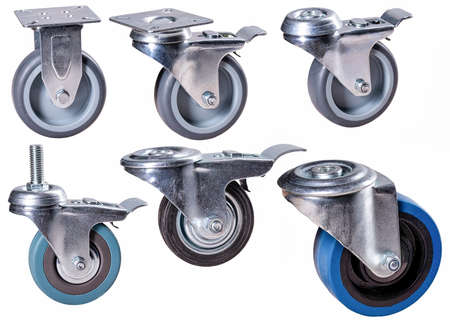 Various types of wheels used in shopping carts and baskets. Isolated background.の写真素材