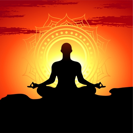 illustration of yoga poses at sunset background のイラスト素材