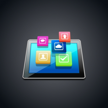 Tablet PC with cloud of application icons isolated on  backgroundのイラスト素材