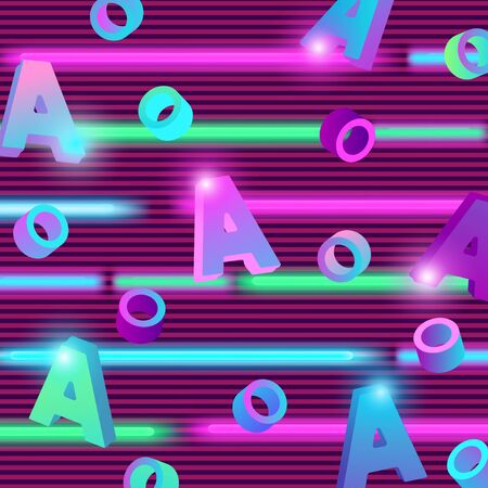 Trending abstract neon background with letters A. Night bright vector illustration. Glowing futuristic pattern. Design element templateのイラスト素材