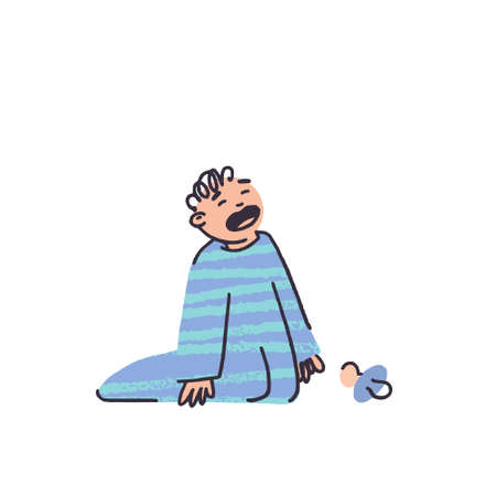 little boy crying in pajamas in flat style vector illustration. Nipple fell. Blue striped sleep suit. Child with fair skin. Small children in the familyのイラスト素材