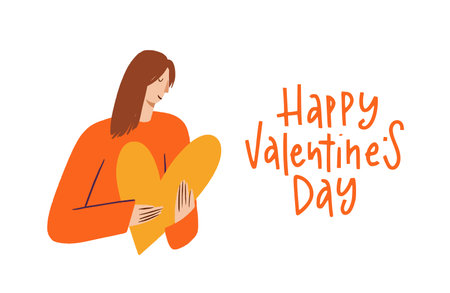 The girl holds red heart shape in her hands. Postcard on a romantic theme. Happy Valentine s Day . Cute young female cartoon flat concept isolated on white background.のイラスト素材