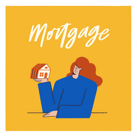 Beautiful smiling young woman holding little house in hand. Girl with house in hand. Concept of business in real estate, mortgage, rent. Hand drawn lettering Mortgageのイラスト素材