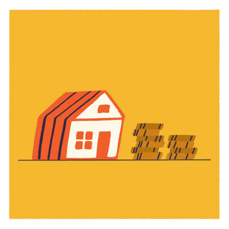 Orange house with a stack of coins in flat style vector illustration. The rise in housing prices, the value of real estate. Increasing prices in the market. Rental and sale of habitationのイラスト素材