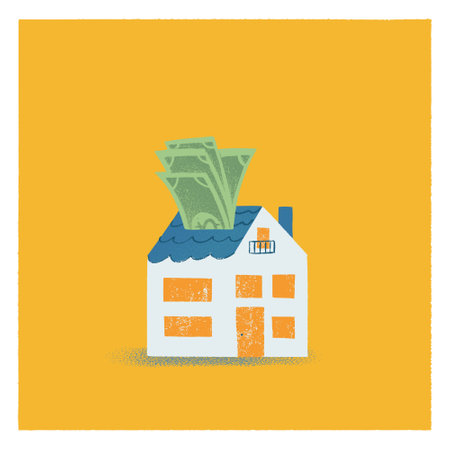 Blue house in flat style vector illustration. A stack of money sticking out of the roof. Concept of business in real estate, mortgage, rent. The rise in housing prices, the value of real estate.のイラスト素材