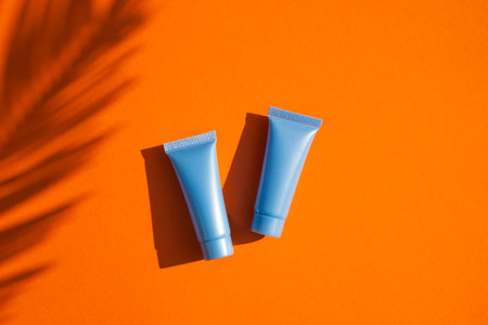 Two plastic blue bottles for cream or lotion with palm leaves shadow. Top view on orange background. Skincare sunscreen cosmetic. Beauty concept for face body careの写真素材