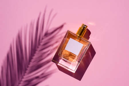 Transparent bottle of perfume on a pink background. Fragrance presentation with daylight. Trending concept in natural materials with palm leaves shadow. Clear glass with white label for text.の写真素材