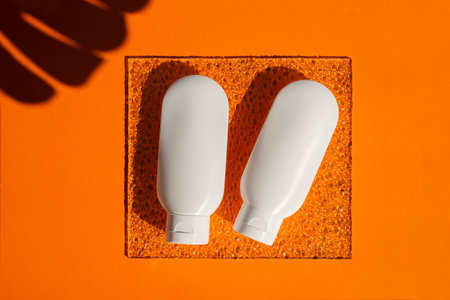 Two plastic white tubes for cream or lotion on an orange background and corrugated glass. Top view...