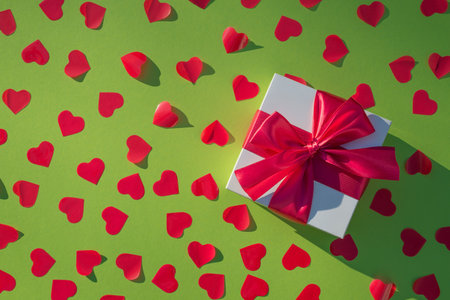 White gift box with red ribbon on a green background. Valentines day backdrop with red confetti in the form of hearts. Flat lay style with minimalistic design. Template for banner or party invitationの写真素材