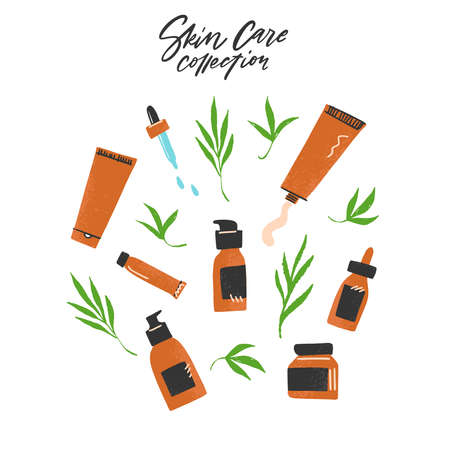 Hand drawn calligraphy Skin care and natural cosmetic collection of different products. Orange bottles and tubes with green palm leaves in flat style. Illustration isolated on whiteのイラスト素材