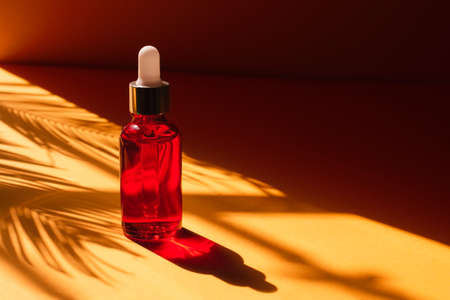 Red glass dropper bottle with metallic lid. Natural sunshine and shadows from tropical plants. Orange background with daylight. Skincare products , natural cosmetic. Beauty concept for face body careの写真素材