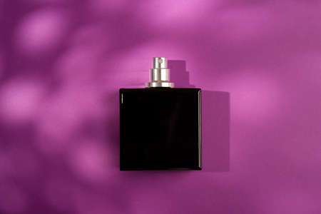 Black bottle of perfume on a purple background. Fragrance presentation with daylight. Trending concept with beautiful shadow. Womens essence.の写真素材