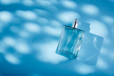 Transparent bottle of perfume on a blue background. Fragrance presentation with daylight. Trending concept in natural materials with window shadow. Womens essence.の写真素材