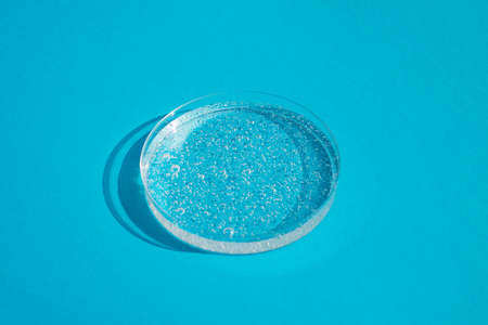 Petri dish on blue background. Medicine and beauty concept. Skin care for face and body. Transparent container with liquid with bubblesの写真素材