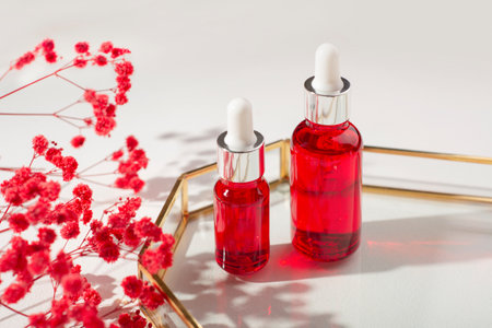Red glass bottles with dropper pipette with serum or essential oil on glass plate for product presentation. Skincare cosmetic and dry plants. Beauty concept for face body careの写真素材