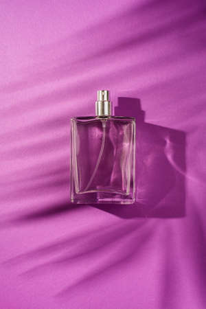 Transparent bottle of perfume on a violet background. Fragrance presentation with daylight. Trending concept in natural materials palm leaves shadow. Womens and mens essence.の写真素材