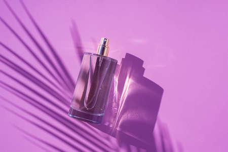 Transparent bottle of perfume on a lilac background. Fragrance presentation with daylight. Trending concept in natural materials with palm shadow. Womens and mens essence.の写真素材