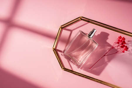 Transparent bottle of perfume in glass tray on a pink background. Fragrance presentation with daylight. Trending concept in natural materials with beautiful shadow. Womens essence.の写真素材