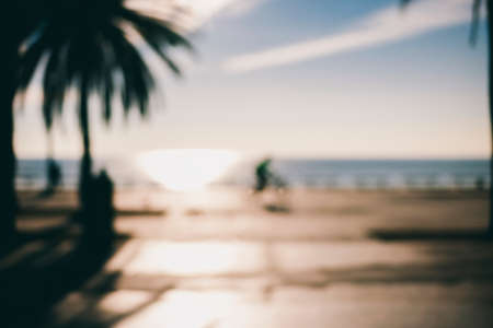 Blurred road along the sea and palm trees. Natural bokeh of city view, blurred out of focus...