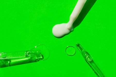 Open caps with dropper pipettes with serum, gel and oil. Green background with daylight and the appearance of the texture of the liquid. Skincare products, natural cosmetic. Beauty concept for face and body careの写真素材