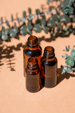 Open amber bottle without cap with eucalyptus. Beige background with daylight and beautiful shadows. Skincare serum or essential oil natural cosmetic. Beauty concept for face and body careの写真素材