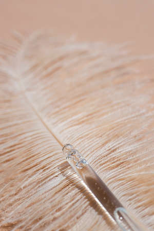 Pipette with serum or cosmetic liquid close-up against the backdrop of a peach-colored feather. The appearance of the texture of the gel. Skin care products. Beauty concept for face and body careの写真素材
