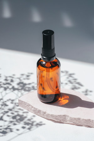 Amber dropper bottles with serum, tonic or essential oil on pink concrete podium. White background...