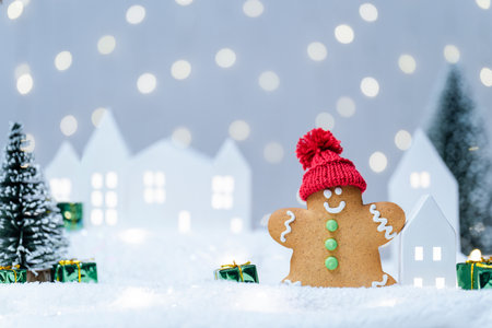 Christmas cute little house and gingerbread man with tree in snow. Glowing festive garland on...