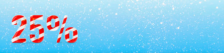 Discount figures twenty five percent in the form of candy cane. Realistic glossy number 25 3D rendering. Light blue background with snow banner and place for textの写真素材
